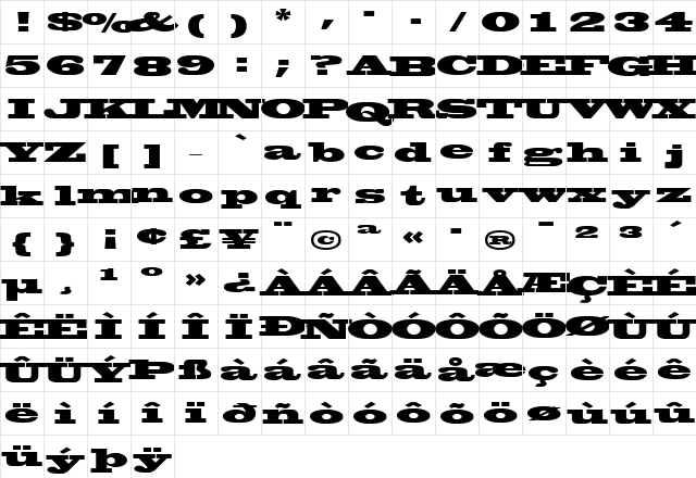 Blackoak Regular  glyph index