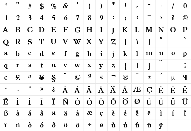 Granada-Serial Bold  glyph index