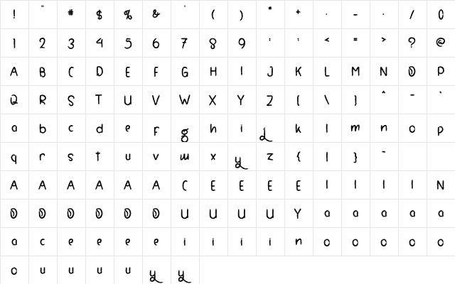 Beautiful Hunter Regular  glyph index