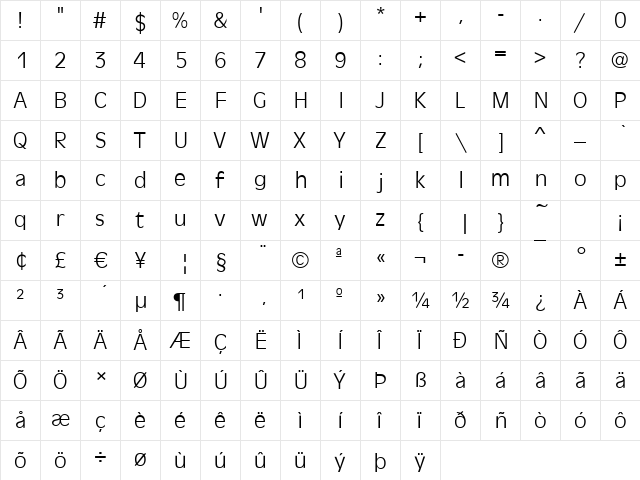 Antigone-Light Regular  glyph index