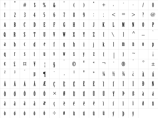 Birch Std Regular  glyph index