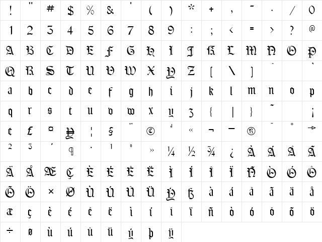IanSegoe Regular  glyph index