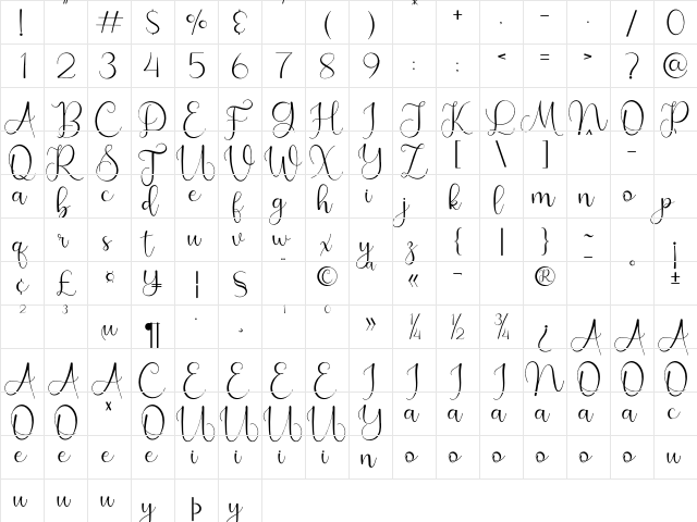 Rossalia Shine Regular  glyph index