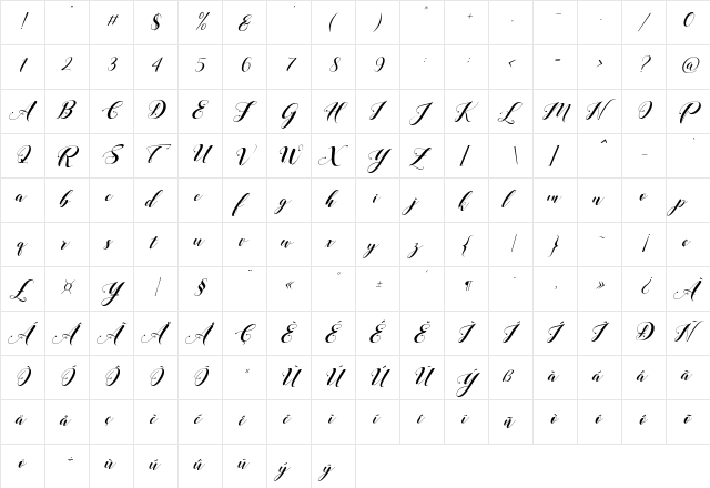 Loveya Script Italic Regular  glyph index