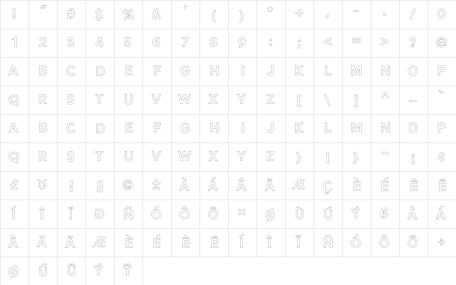 Alesand Outline  ExtBd Regular  glyph index