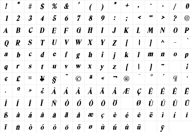 DenverLH Bold Italic  glyph index