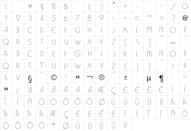 Busorama Light  glyph index