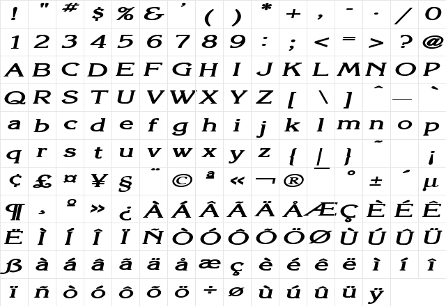 Keira Extended Bold Italic  glyph index