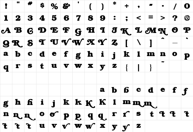 BrookmanSwash Alternates2 Unsw Bold  glyph index