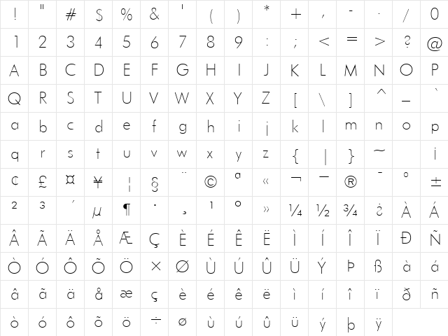 Futura Thin Normal  glyph index