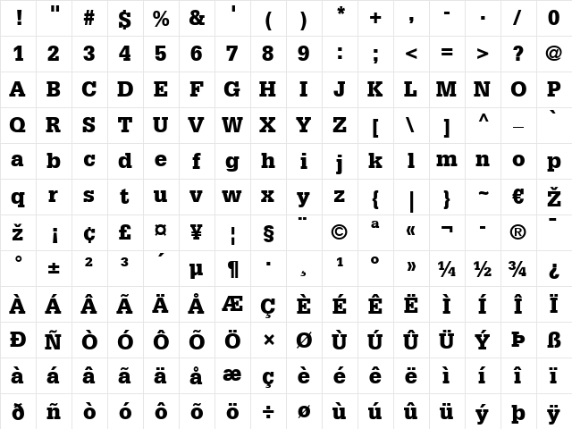 Glypha LT Black Regular  glyph index