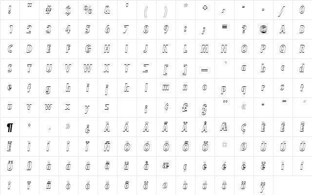 FuturaTBolConOblOu1 Regular  glyph index