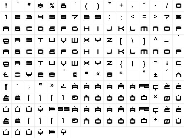 Zosma Bold  glyph index
