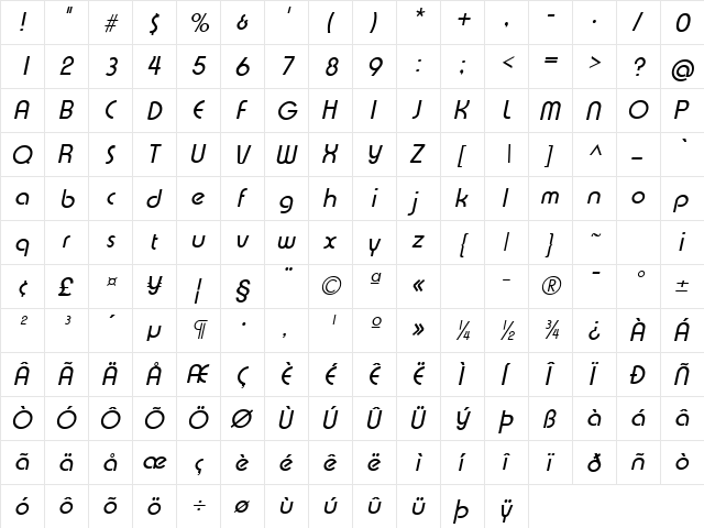 GE Expression Italic  glyph index