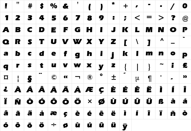 Eras BQ Regular  glyph index