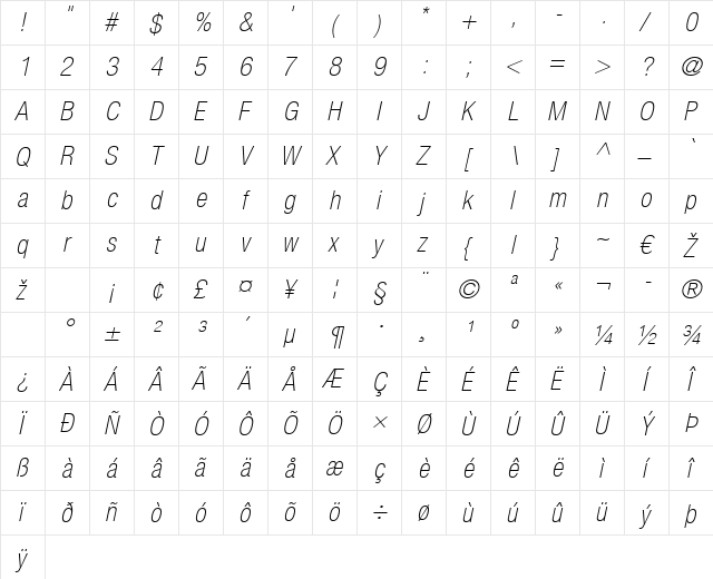 HelveticaNeue LT 37 ThinCnObl Regular  glyph index