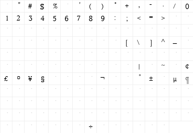 ClaremontLtTab Roman  glyph index