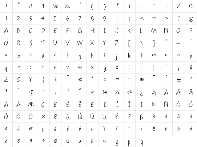American Writer Regular  glyph index