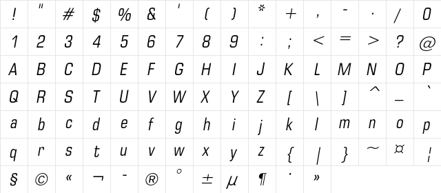 EuropeCondensedC Italic  glyph index