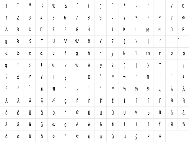 HypeStyleCondensed Regular  glyph index