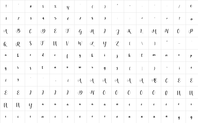 Bontella Script Regular  glyph index
