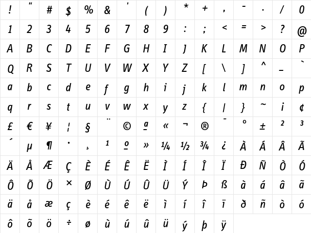 InfoDispBook Italic  glyph index