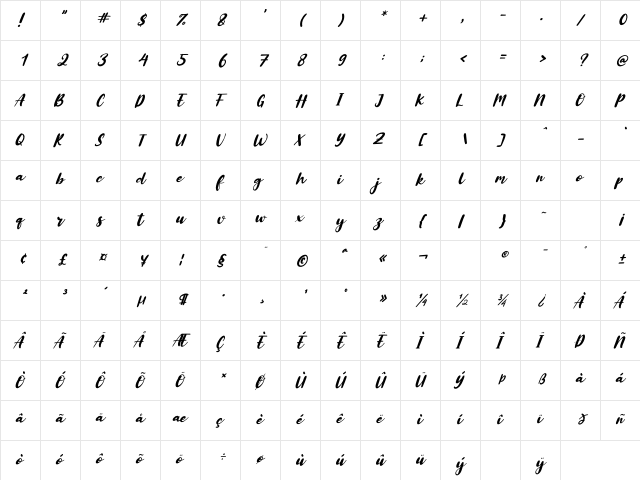 Alberteen Italic Regular  glyph index