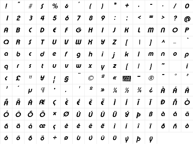 XpressiveExtrabold Italic  glyph index