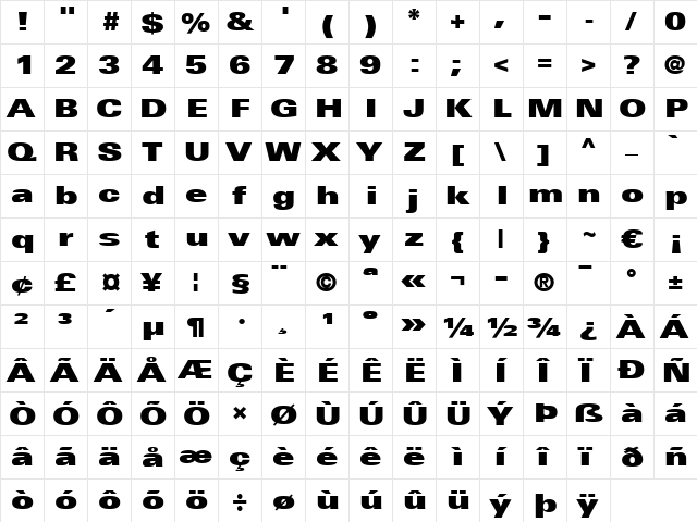 Univers LT 93 ExtraBlackEx Regular  glyph index