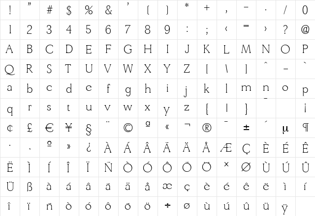 DerringerSerial-Xlight Regular  glyph index