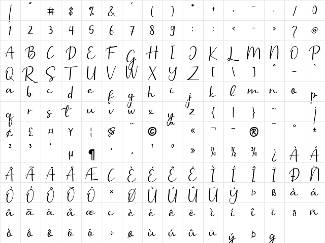 Selly Calligraphy Regular  glyph index