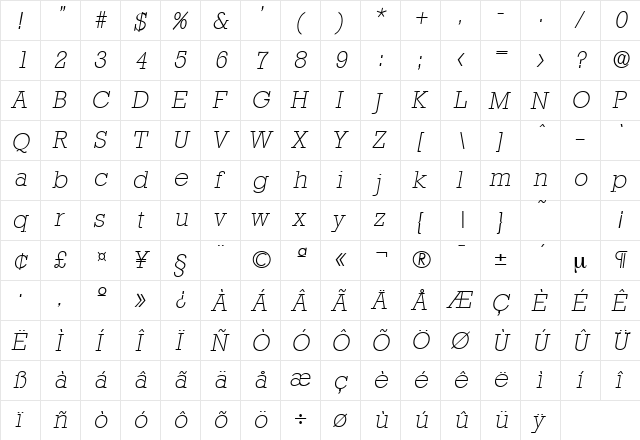 Stafford-Serial-ExtraLight RegularItalic  glyph index