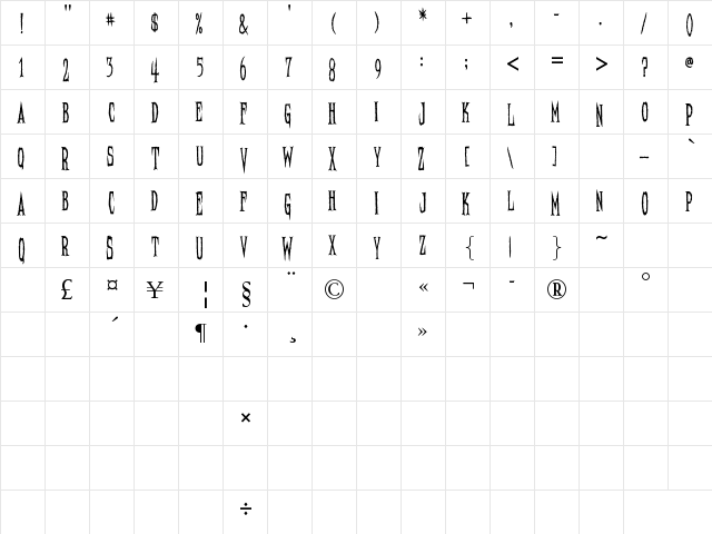Needleteeth Psycho Regular  glyph index