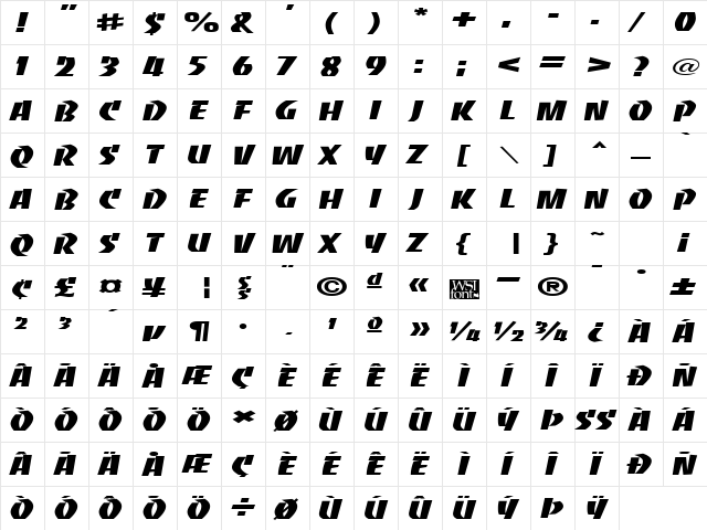 BaccaratWide Regular  glyph index