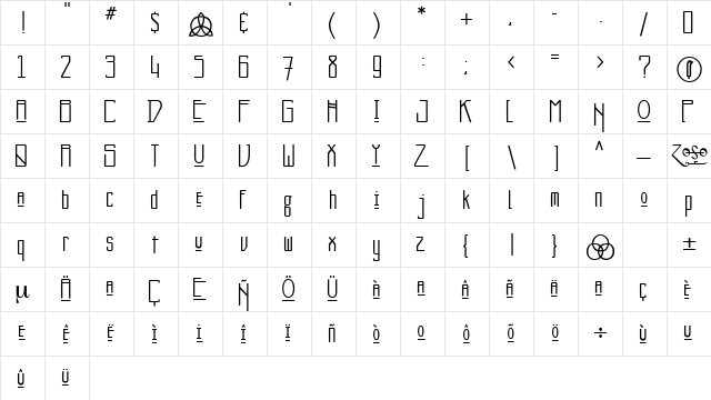 Kashmir Regular  glyph index