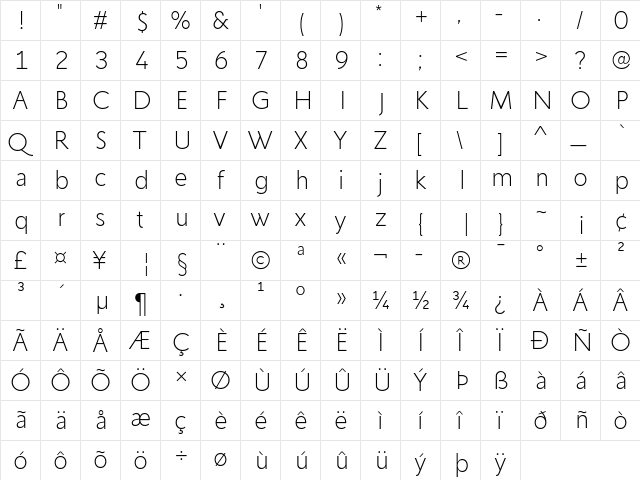 Creo ExtraLight Regular  glyph index