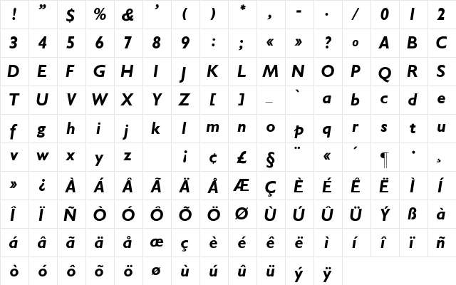 Gill_Sans-BoldItalic Regular  glyph index