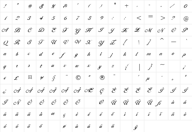 Cotillion Regular  glyph index