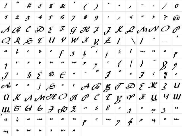 Legende Bold Italic  glyph index