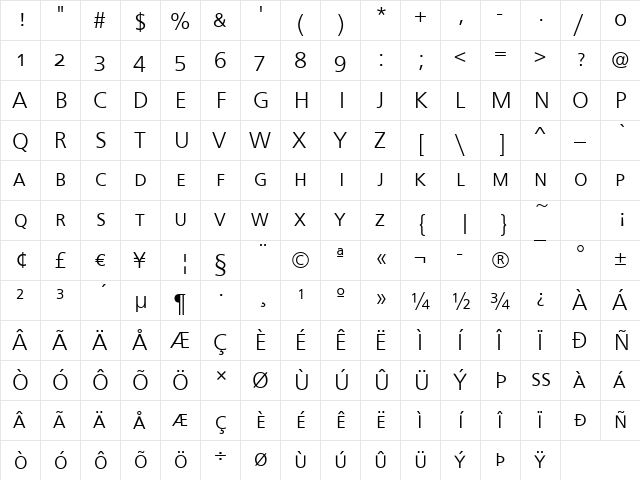 FrontPage-Caps-Light Regular  glyph index