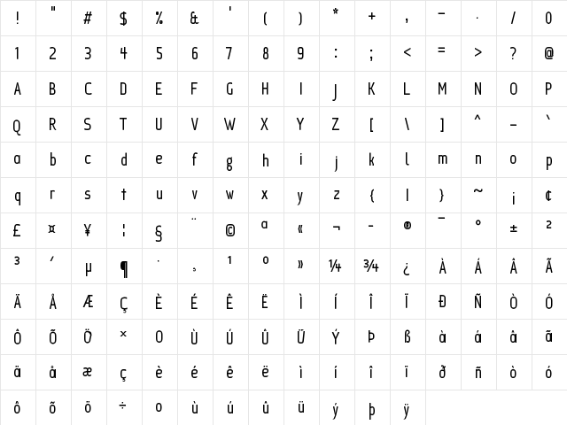 Ice Sans Compressed Regular  glyph index