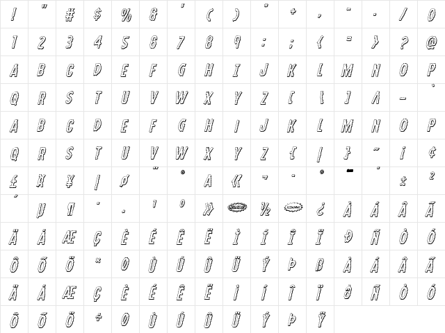 Ampire 3D Italic Italic  glyph index