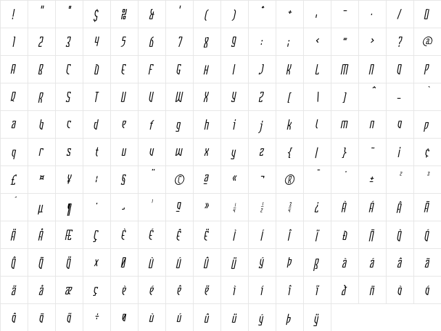 Komunique Italic  glyph index