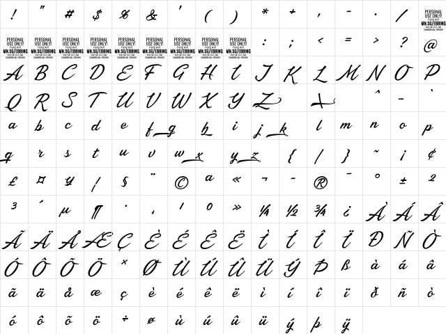 Ebbing PERSONAL USE ONLY Regular  glyph index