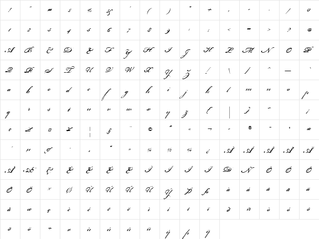 Bickham Script Std Regular Regular  glyph index