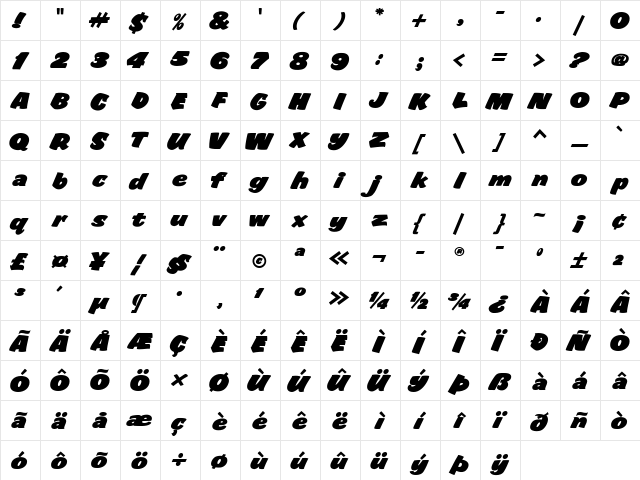 Sale Bold Italic  glyph index