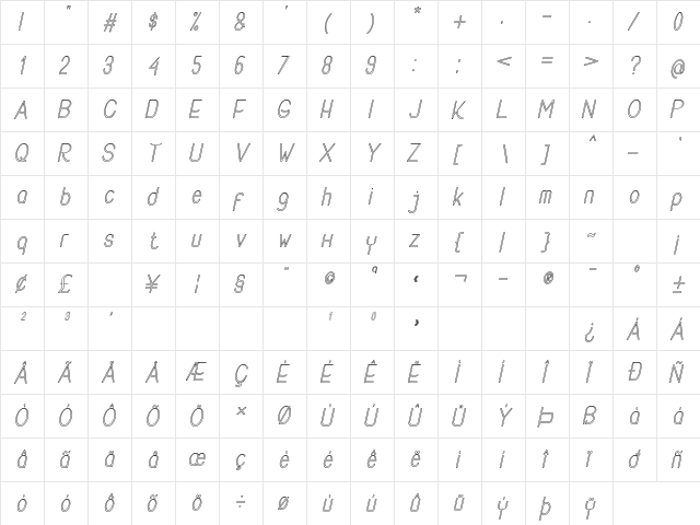 Buon Umore Hollow Italic Italic  glyph index