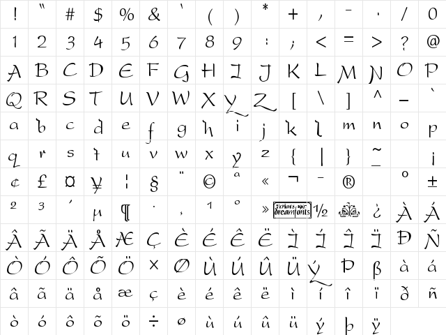 DreamerOne Regular  glyph index