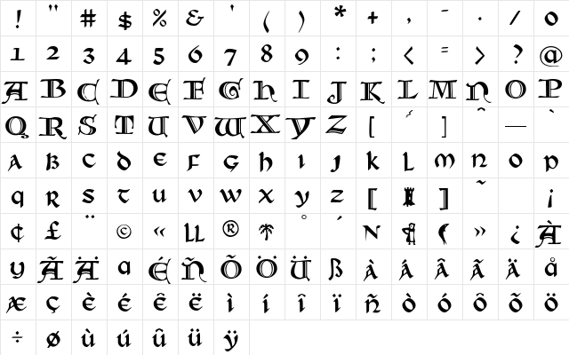 Santa Barbara Electric Regular  glyph index