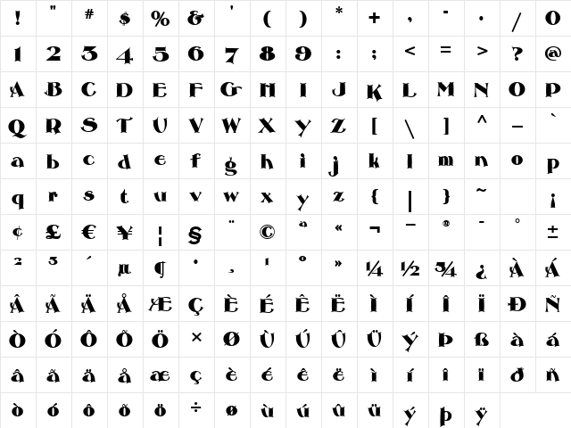 Roman Holiday Extra Bold  glyph index